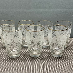 Vintage Tom Collins Glasses by Libbey Gold Nymph on Rock, White Leaves 