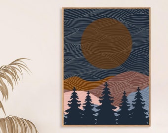 Landscape Print, Sun and Mountain Wall Art, Abstract Mountain, Boho Room Decor, Nature Wall Art, Mid Century Abstract Sun