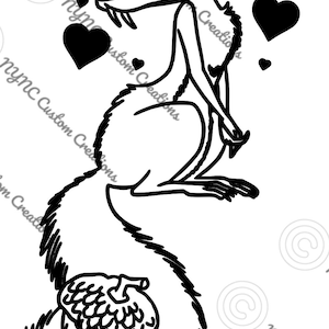 May include: A black and white line drawing of a cartoon squirrel holding an acorn. The squirrel is sitting up with its tail curled around its body. There are several hearts around the squirrel.