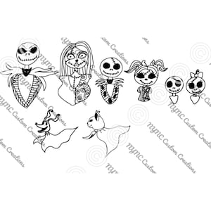 Può includere: Illustrazione in bianco e nero di personaggi del film L'incubo prima di Natale. I personaggi includono Jack Skellington, Sally, Zero e i tre piccoli fantasmi.