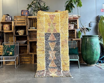 Yellow Moroccan Boucherouite Vintage Rug - Hand Made Berber Carpet - Berber Moroccan Rug - Vintage Carpet