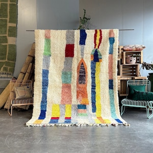 May include: A colorful abstract rug with geometric shapes and patterns in shades of blue, yellow, red, and green. The rug is made of wool and has a soft, fluffy texture.