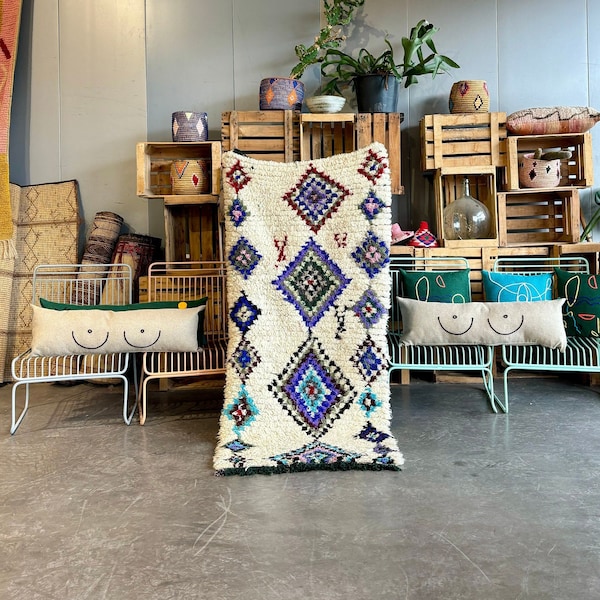 Berber Moroccan Azilal Rug, 90x185 cm, Contemporary Colorful Rug, Berber Atlas Rug, Vintage Bedroom Rug, Bohemian Handmade Carpet, Boho Rug