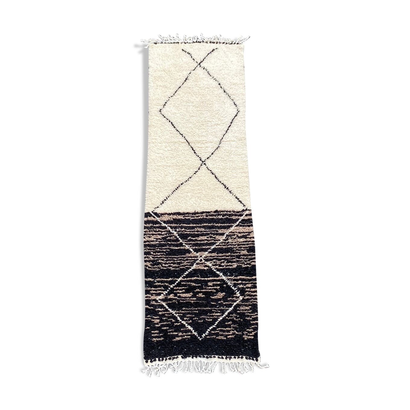 Tapis Berbere Couloir Beni Ouarain 90×350 cm, Tapis Marocain Noir et Blanc