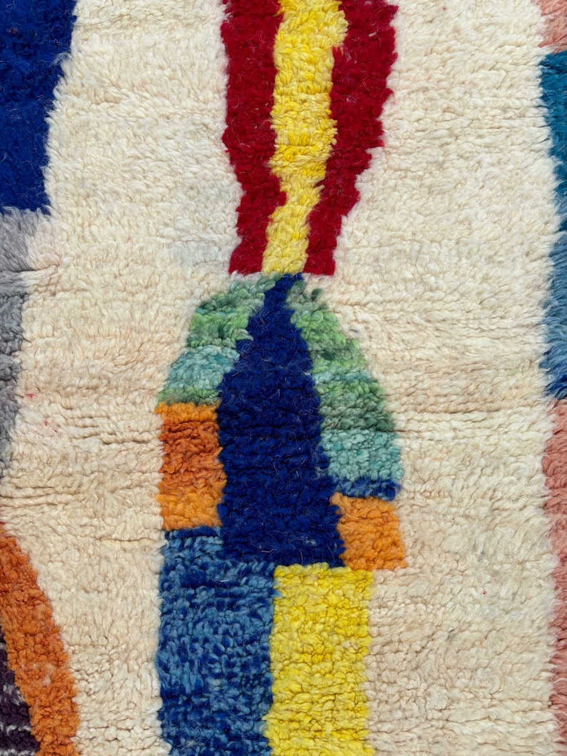 May include: Close-up of a colorful, abstract rug with a white background. The rug features geometric shapes in shades of blue, red, yellow, orange, and green.