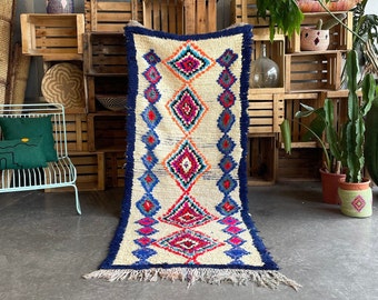 Tapis marocain berbere azilal vintage 90x230 cm, tapis fait main en laine