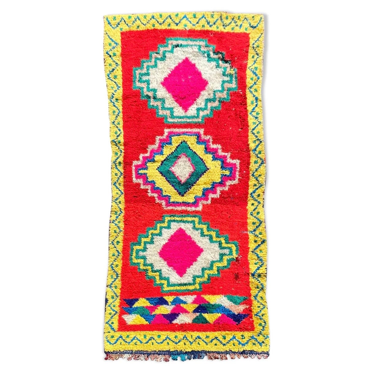 Tapis Berbere Boucherouite 110×250 cm, Tapis en Coton Marocain Rouge