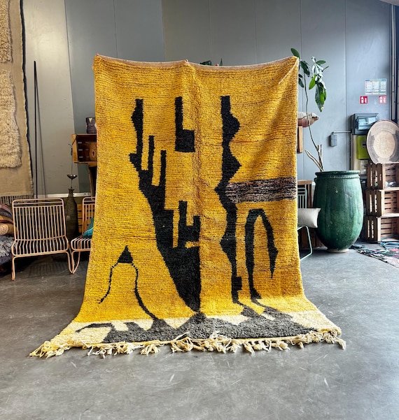 モダンモロッコウールラグ – 175x270 cm 手織り抽象イエローマスタード 
