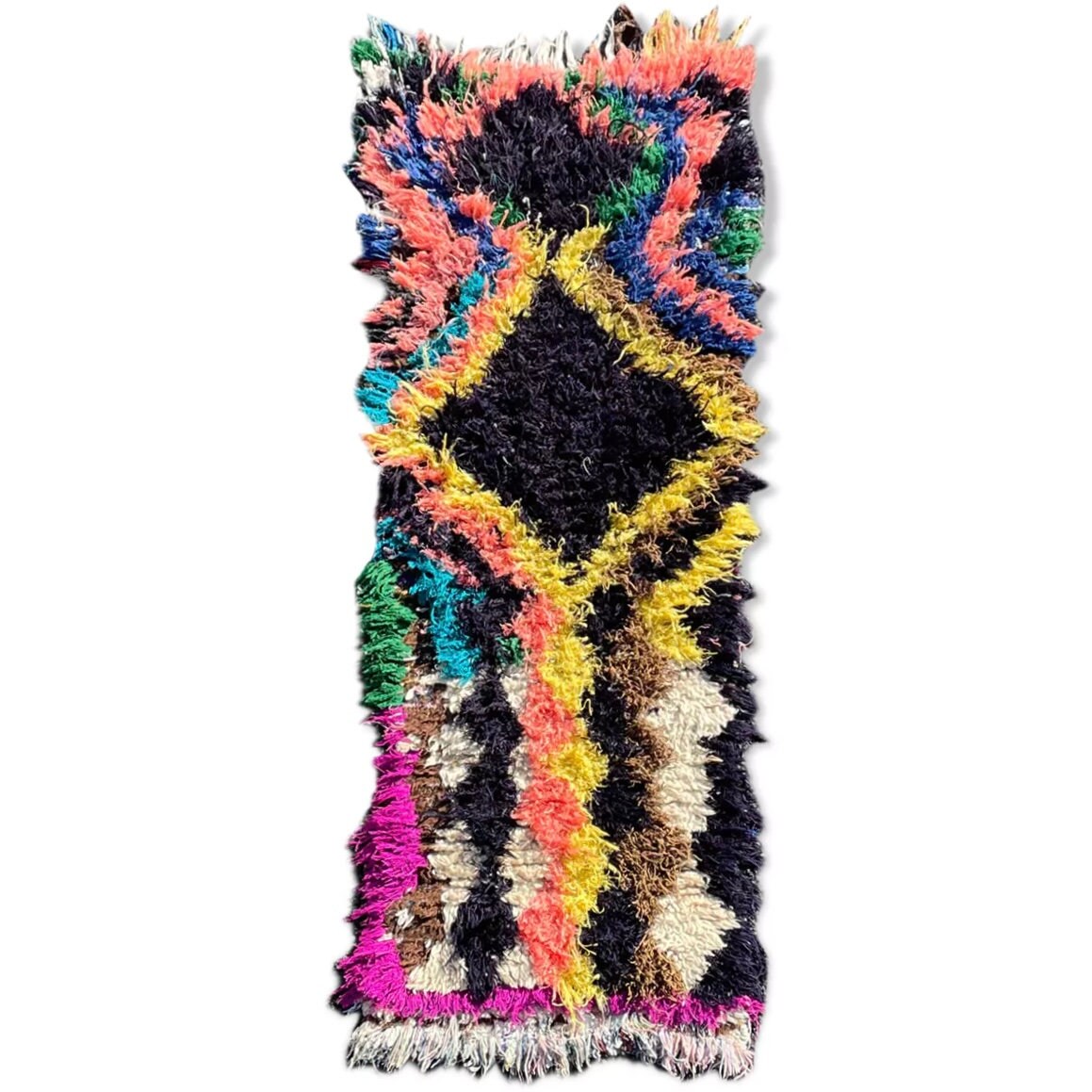 Tapis Berbere Marocain en Laine Azilal Noir Coloré 70x160cm, Tapis Fait Main