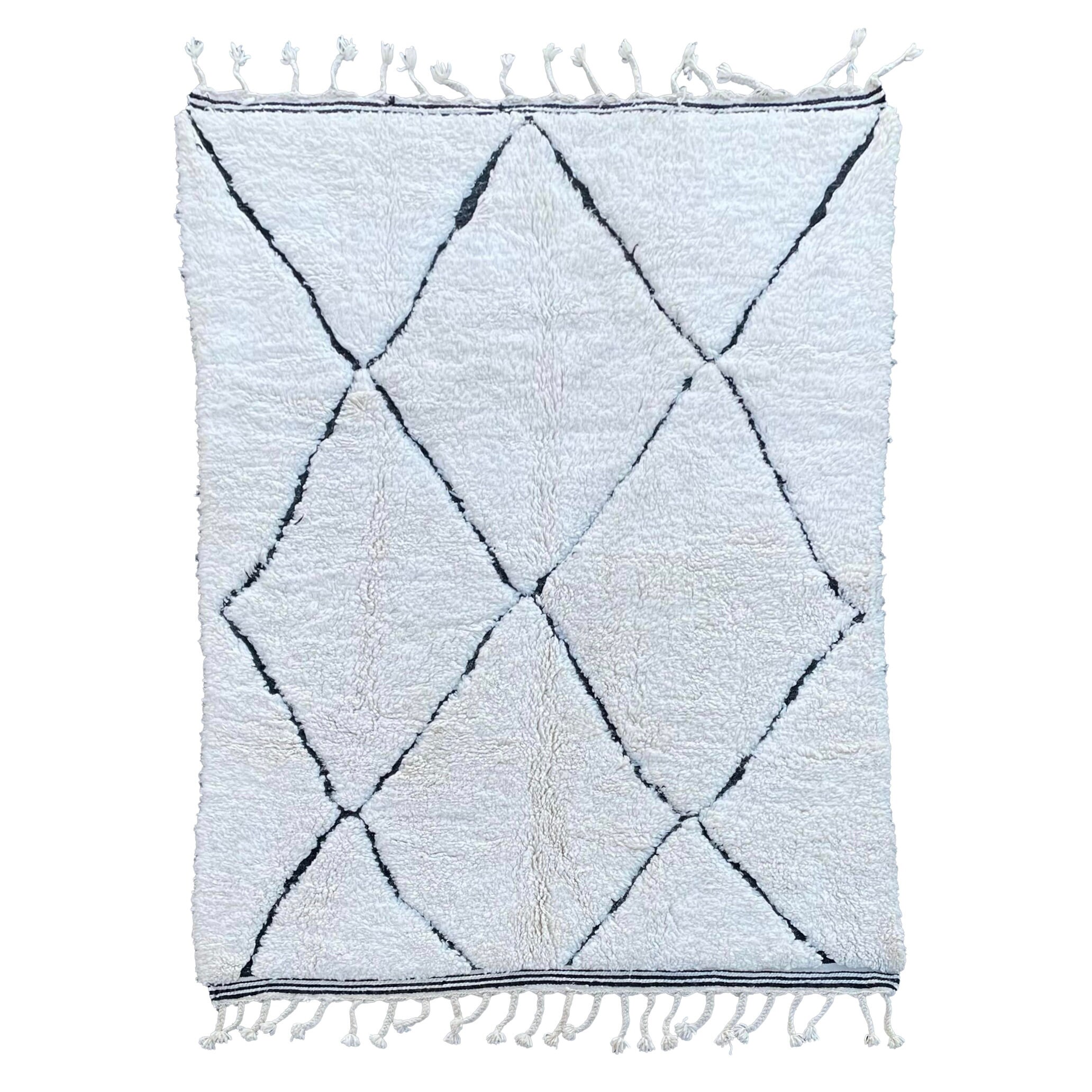 Tapis Marocain Beni Ourain Blanc et Noir 210x300 cm, Tapis Berbere Fait Main en Laine