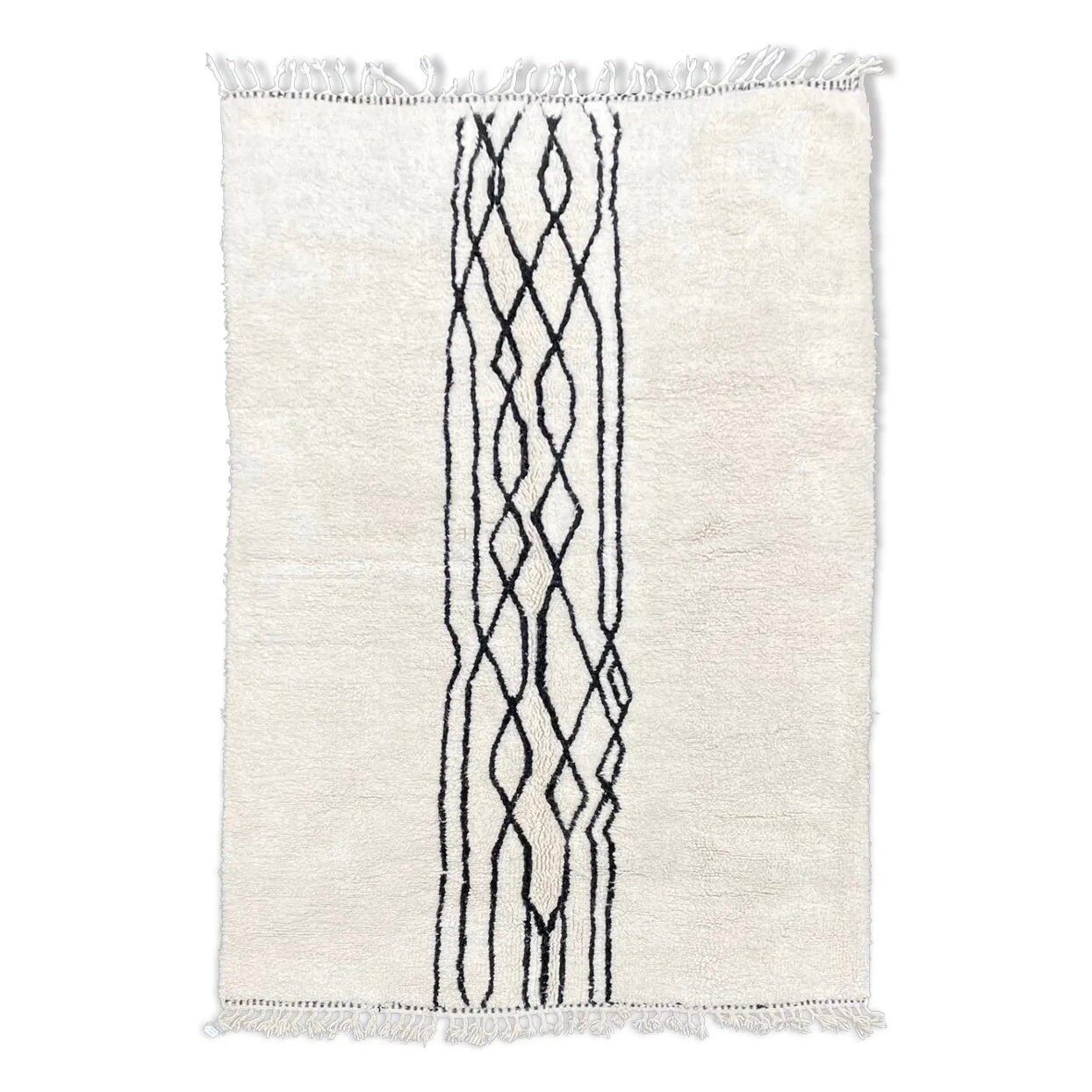 Tapis Marocain Contemporain Blanc et Noir, Tapis Berbere Beni Ourain Fait Main en Laine