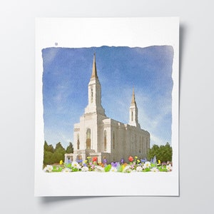 May include: A watercolor painting of a white church with two tall spires. The church is surrounded by a field of colorful flowers.