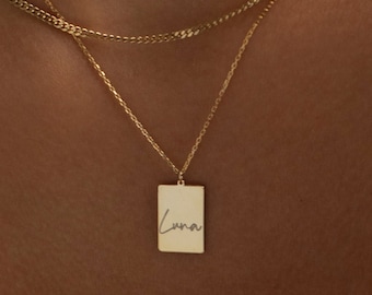 Custom Engraved Necklace, Personalized Name Necklace | Laser Engraved Charm, Handwriting Necklace | Engraved Pendant, Stacking Necklace Gold