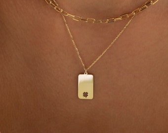 Laser Engraved Necklace w/Clover | Custom Engraved Necklace, Engraved Pendant | Square Necklace, Gold Tag Necklace, Simple 14K Gold Necklace