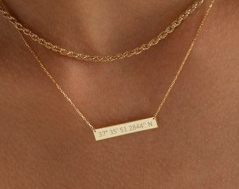 14K Gold Custom Coordinate Necklace, Personalized Coordinate | Engraved Coordinate Necklace, Latitude Longitude Necklace | Where We Met Gift