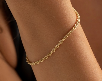 14K Gold Rope Chain Bracelet, Everyday Bracelet | Layering Bracelet Gold, Simple Gold Bracelet | 925 Silver Rope Chain, Dainty Gold Bracelet