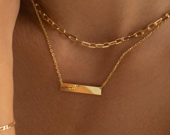 14K Gold Bar Necklace, Custom Bar Necklace | Personalized Bar Necklace, Engraved Bar Necklace | Laser Engraved Pendant, Stacking Necklace