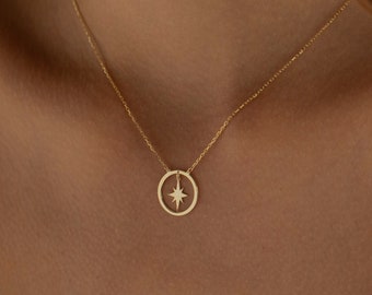 14K Gold North Star Necklace, Celestial Necklace | Fine Silver Star Necklace, Star Signet Necklace | Mother's Day Necklace, Mama Necklace