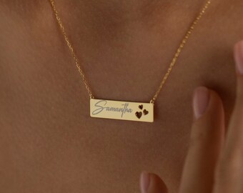 Custom Bar Necklace, 14K Gold Bar Necklace | Personalized Bar Necklace, Engraved Bar Necklace | Handwriting Necklace, Laser Engraved Pendant