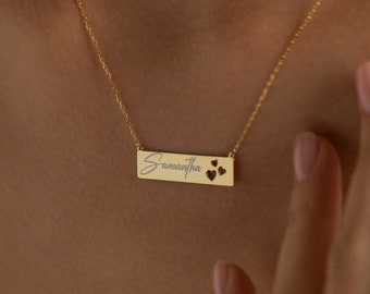 Custom Bar Necklace, 14K Gold Bar Necklace | Personalized Bar Necklace, Engraved Bar Necklace | Handwriting Necklace, Laser Engraved Pendant