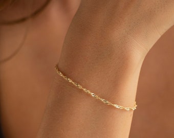 14K Gold Singapore Chain Bracelet, Dainty Gold Bracelet | Twisted Chain Bracelet, Thin Gold Bracelet | Simple Gold Bracelet, Silver Bracelet