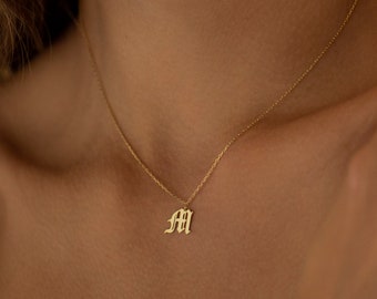 14K Gold Old English Letter Necklace, Personalized Initial Necklace | Gold Initial Pendant, Alphabet Necklace | 925 Silver Initial Necklace