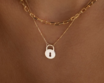 14K Gold Lock Necklace, Padlock Necklace | Simple Gold Necklace, Sterling Silver Lock Necklace | Trendy Necklace, Dainty Everyday Necklace