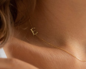 14K Gold Sideways Initial Necklace, Dainty Initial Necklace | 925 Sterling Silver Initial, Gold Initial Pendant | Sideways Letter Necklace