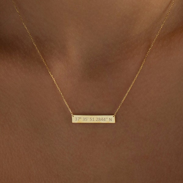 14K Gold Personalized Coordinate Necklace, Custom Coordinate | Engraved Coordinate Necklace, Latitude Longitude Necklace | Where We Met Gift