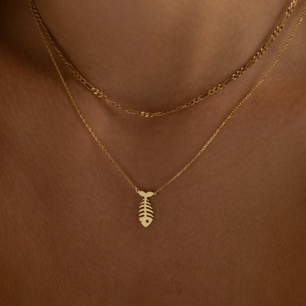14K Gold Fish Necklace, Fishbone Necklace | Nature Necklace, Lucky Necklace, Luck Charm | Fish Pendant, Koi Fish Necklace, Fishing Gifts