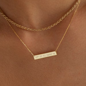 14K Gold Custom Coordinate Necklace, Personalized Coordinate Engraved Coordinate Necklace, Latitude Longitude Necklace Where We Met Gift image 1