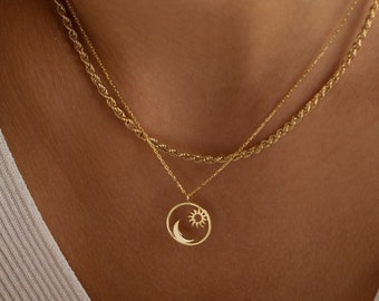 Sun and Moon Necklace, Sunburst Necklace | Crescent Moon Necklace, Gold Sun Necklace | Sterling Silver Sun Pendant, Sun Charm, Golden Sun