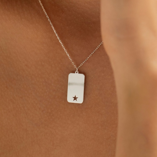 Laser Engraved Necklace w/Star | Square Necklace, Silver Tag Necklace, Simple 14K Gold Necklace | Custom Engraved Necklace, Engraved Pendant