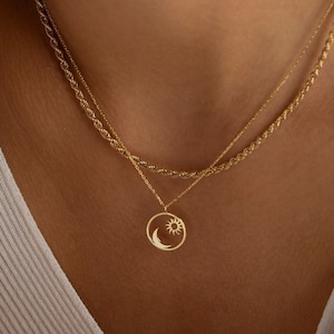 Sun and Moon Necklace, Sunburst Necklace Crescent Moon Necklace, Gold Sun Necklace Sterling Silver Sun Pendant, Sun Charm, Golden Sun image 1