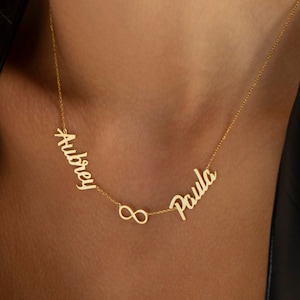 Collier 2 noms en or 14 carats, collier double nom | Pendentif nom 14K, charme nom | Collier de noms d’enfants, collier de plaque signalétique, collier de plaque signalétique