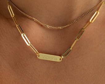 Custom Engraved Necklace, Personalized Bar Necklace | Engraved Pendant, Laser Engraved Charm | Gold Paperclip Chain, Thick Chain Necklace