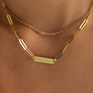 Custom Engraved Necklace, Personalized Bar Necklace | Engraved Pendant, Laser Engraved Charm | Gold Paperclip Chain, Thick Chain Necklace