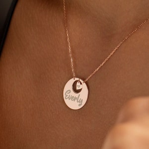 14K Gold Custom Engraved Necklace w/ Heart | 14K Gold Disc Necklace, Personalized Disc Necklace | Gold Coin Necklace, Laser Engraved Charm