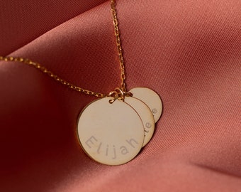 3 Disc Engraved Necklace, Family Name Necklace | Gold Disc Necklace, Custom Coin Necklace | Best Friend BFF Necklace, Laser Engraved Pendant