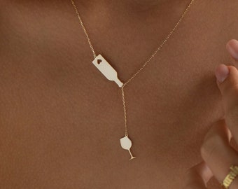 Collar de oro de 14 quilates con copa y vino, regalo para amantes del vino / Collar tipo lariat de plata de ley 925, accesorios para vino / Regalos de vino para mujer, collar en Y