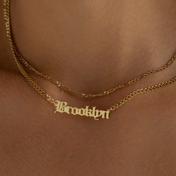 14K Gold Name Necklace, Old English Name Necklace | Gothic Name Necklace, Goth Necklace | Nameplate Necklace, Personalized Name Necklace