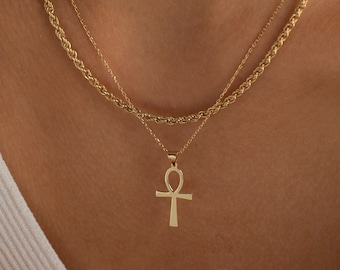 14K Gold Ankh Necklace, Egyptian Jewelry | Dainty Ankh Pendant, Ancient Egyptian Necklace | Protection Cross Necklace, African Jewelry Women