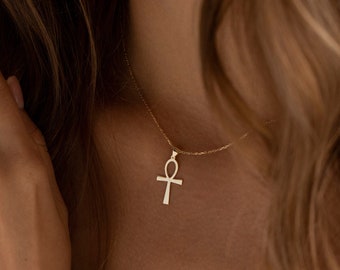 14K Gold Ankh Necklace, Egyptian Jewelry | Dainty Ankh Pendant, Ancient Egyptian Necklace | Protection Cross Necklace, African Jewelry Women