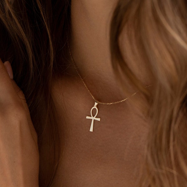 14K Gold Ankh Necklace, Egyptian Jewelry | Dainty Ankh Pendant, Ancient Egyptian Necklace | Protection Cross Necklace, African Jewelry Women