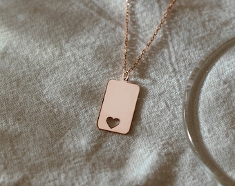 Laser Engraved Necklace w/Heart | Custom Engraved Necklace, Engraved Pendant | Square Necklace, Gold Tag Necklace, Simple Rose Gold Necklace