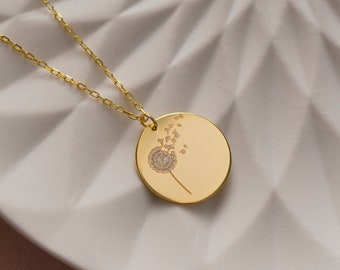 14K Gold Dandelion Necklace, Flower Necklace | Floral Necklace, 925 Silver Wildflower Necklace | Gold Disc Necklace, Simple Gold Necklace