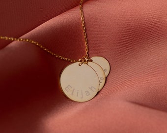 14K Gold 3 Discs Necklace, Engraved Necklace | Gold Coin Necklace, Custom Family Necklace | Gold Medallion Necklace, Circle Name Necklace