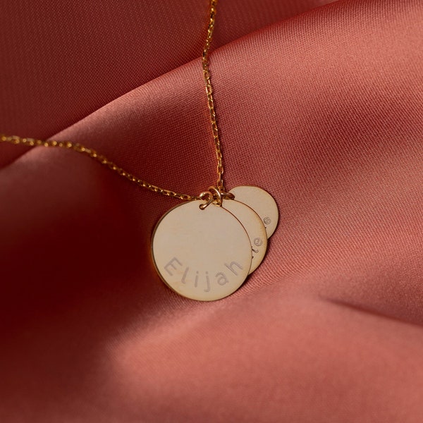 14K Gold 3 Discs Necklace, Engraved Necklace | Gold Coin Necklace, Custom Family Necklace | Gold Medallion Necklace, Circle Name Necklace