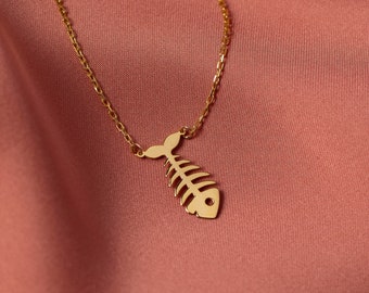 Dainty Fishbone Necklace, Fish Pendant | 14K Gold Fish Necklace, Fish Bone Necklace, Silver Fish Charm | Christian Necklace, Pisces Necklace