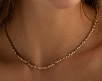 Collar de cadena de cuerda de plata 925, collar de cadena de cuerda de oro de 14 quilates / collar de cadena torcida, cadena rellena de oro / cadena de Singapur de oro, cadena gruesa